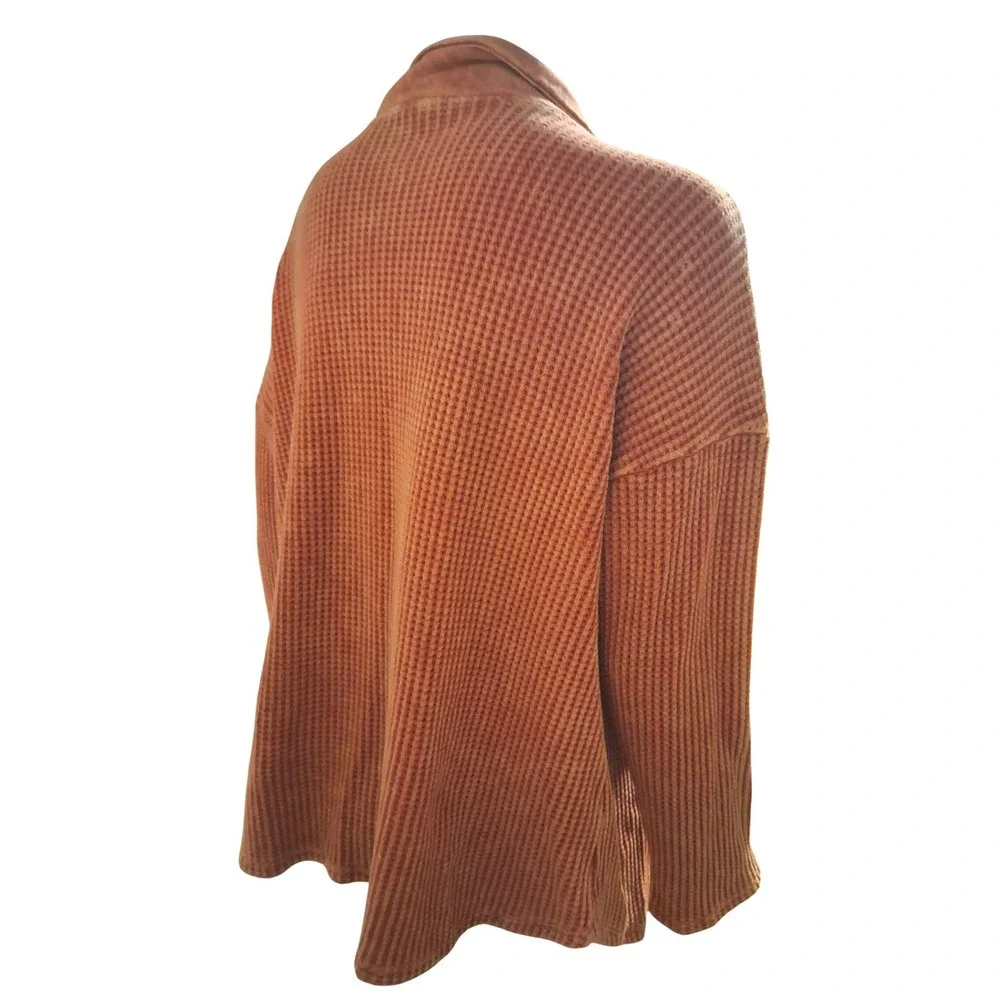 Bucket List Orange Vintage Wash Waffle Knit Shacket Oversized Womens size Small‎